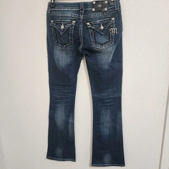 Miss Me Jeans 26 Easy Boot Embellished Dark Wash Denim Low Rise Distressed - Picture 5 of 6